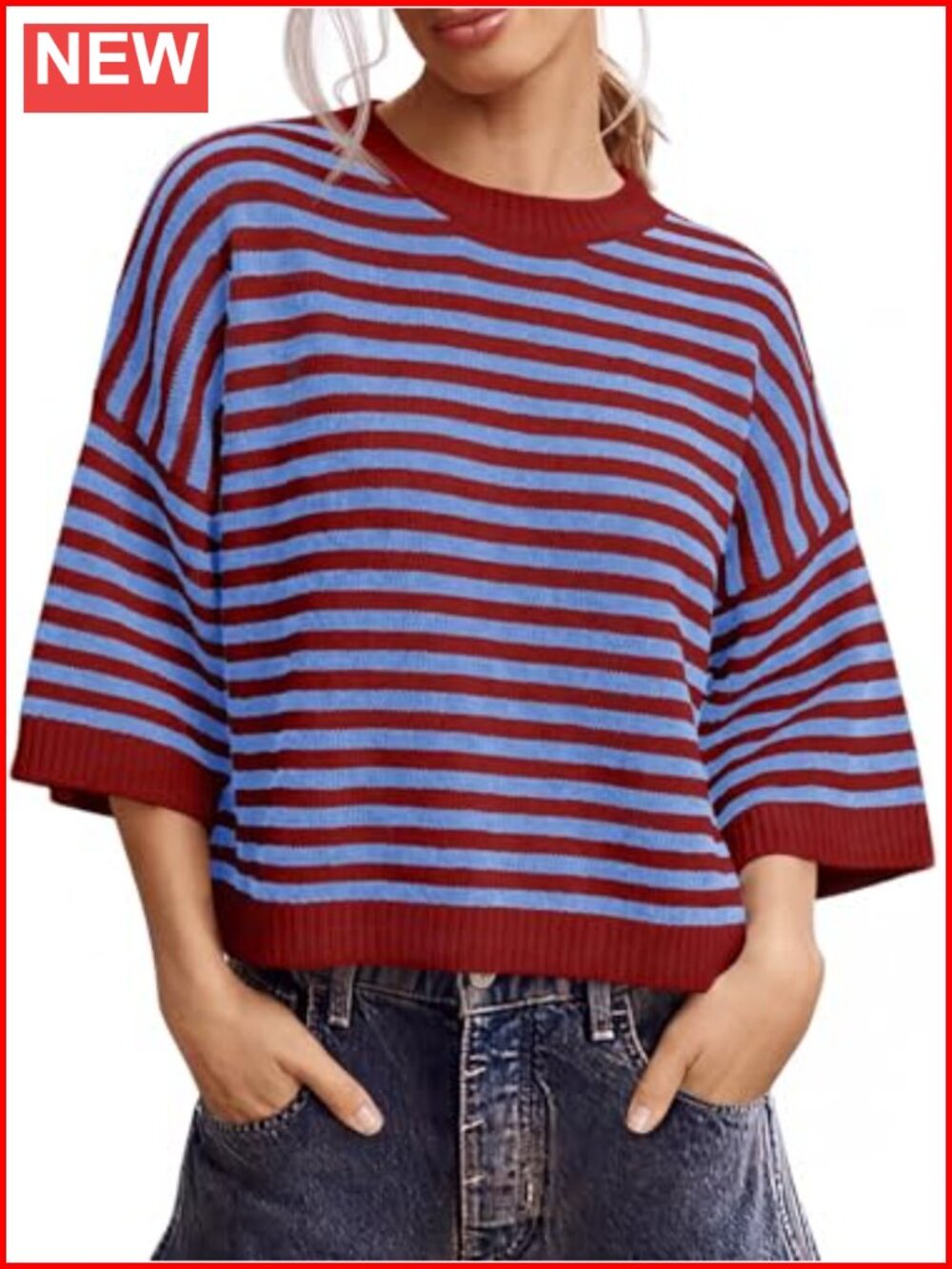 Womens Short Sleeve Striped Oversized Sweater Knit Pullover Top